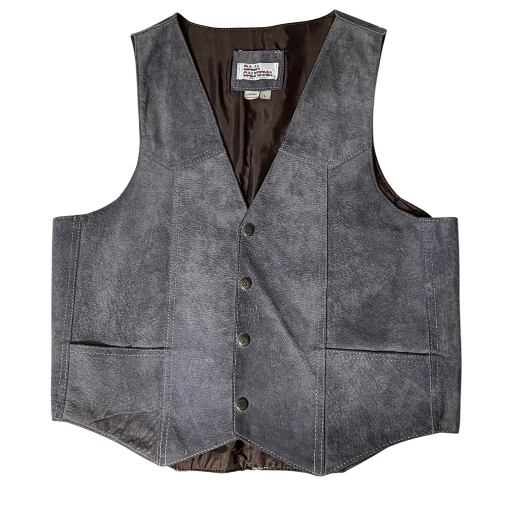 Vintage Gray Suede Leather Vest Men's L Western Biker Snap Front Baja California